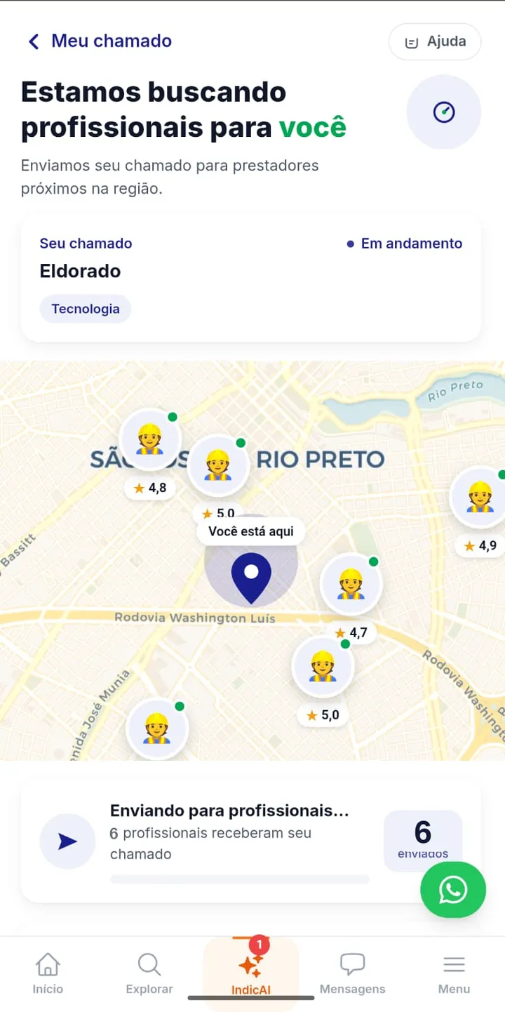 Tela do app Indiquei mostrando um chamado em andamento